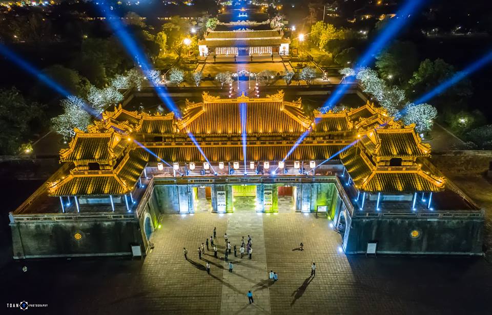 The Hue Imperial City is beautifully illuminated at night