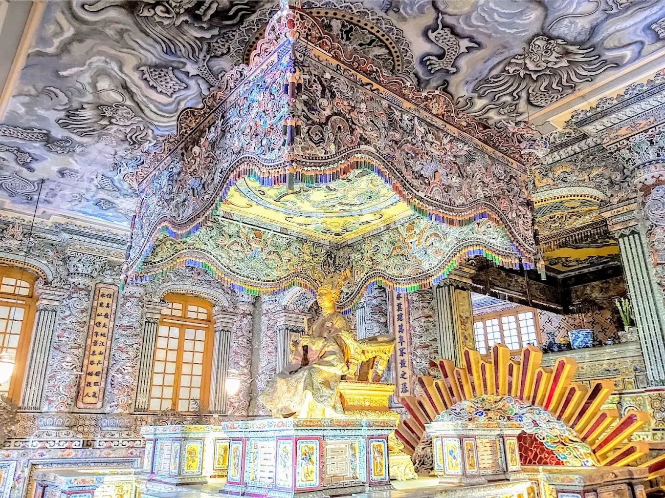 Architecture of the Tomb of Khai Dinh in Hue with a mix of Roman, Buddhist, Gothic, and Hindu styles.