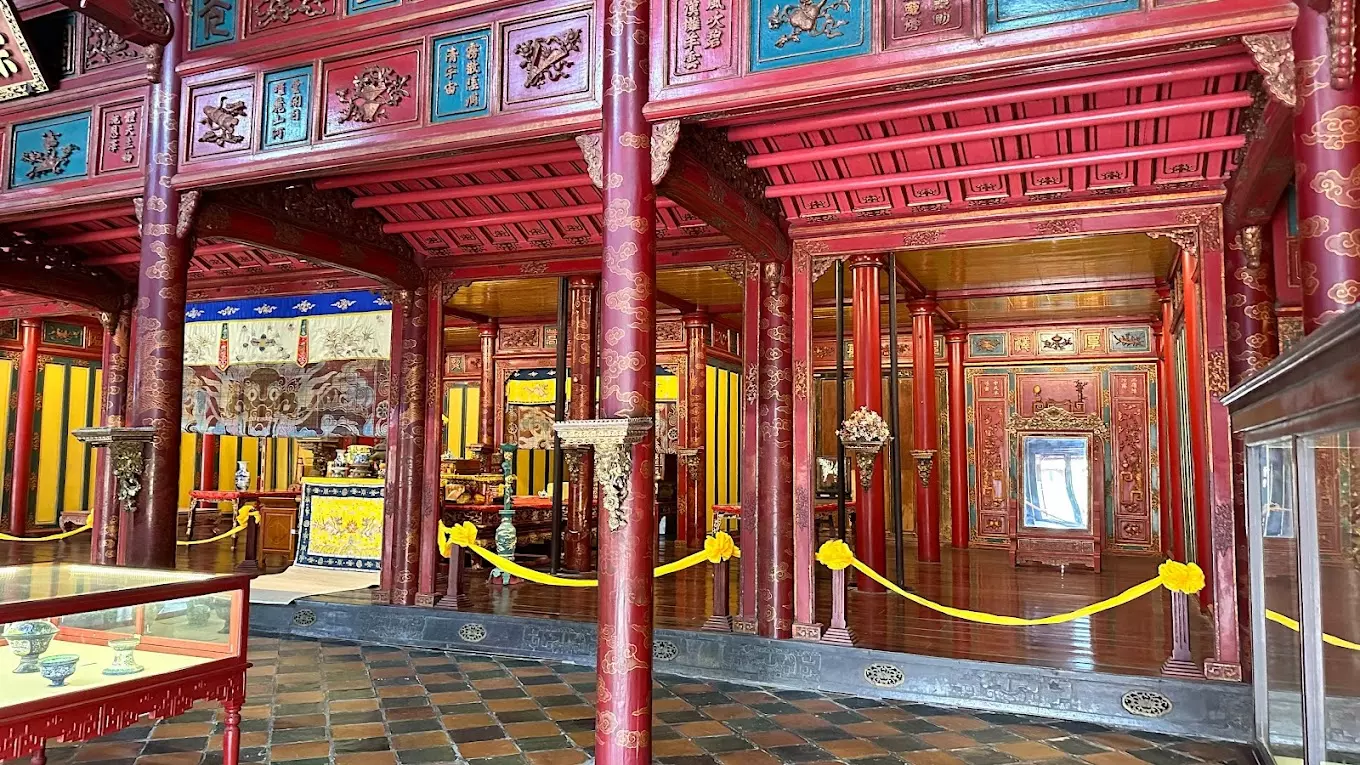 Architecture of the Tomb of Gia Long in Hue, featuring feng shui-inspired layout with tombs, halls, and scenic surroundings.