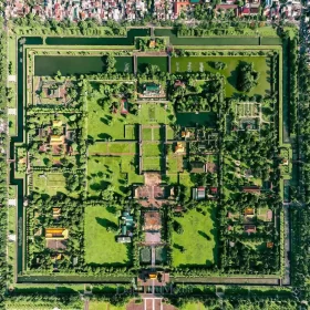 A panoramic view of Hue city with the Perfume River and ancient buildings