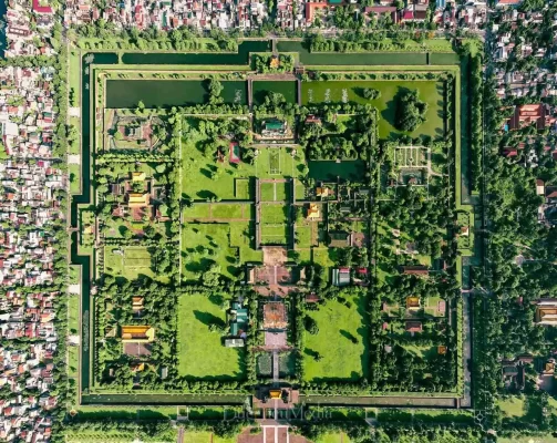 A panoramic view of Hue city with the Perfume River and ancient buildings