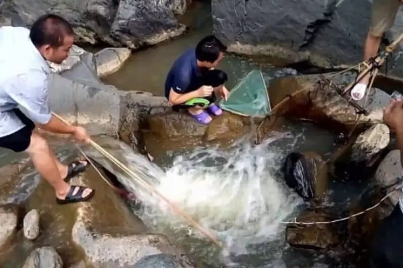 Visitors rock climbing at Elephant Springs, searching for snails and crabs clinging to the rocks along the stream.