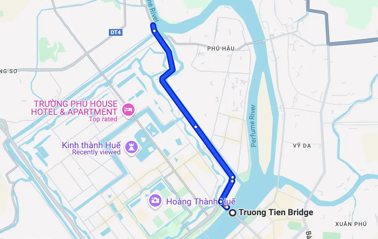 Route from Hue City Center to Bao Vinh Ancient Town via Truong Tien Bridge and Dong Ba River.