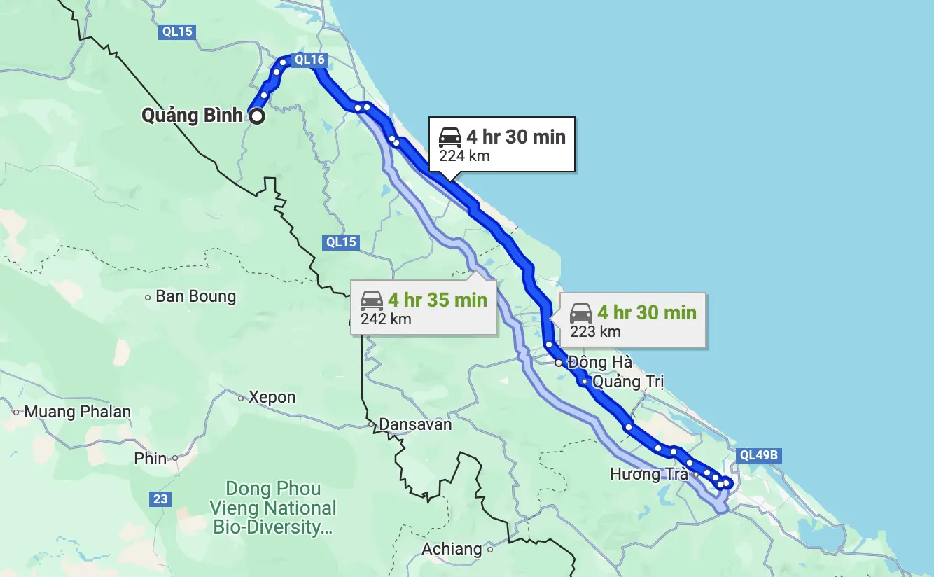 Scenic route from Hue to Quang Binh with mountain ranges and lush greenery along the way.