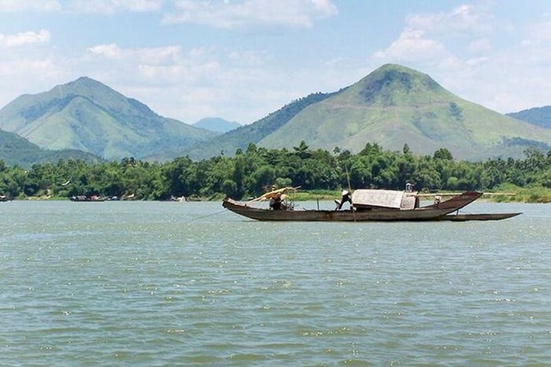 Panoramic view from Ngu Binh Mountain, with the Huong River and Hue City in the distance.