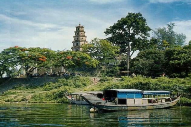 Thien Mu Pagoda beside the Huong River, showcasing its historic and spiritual significance.